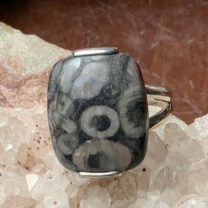 NATURAL CRINOID FOSSIL CORAL 925 STERLING SILVER RING, SIZE 8.25